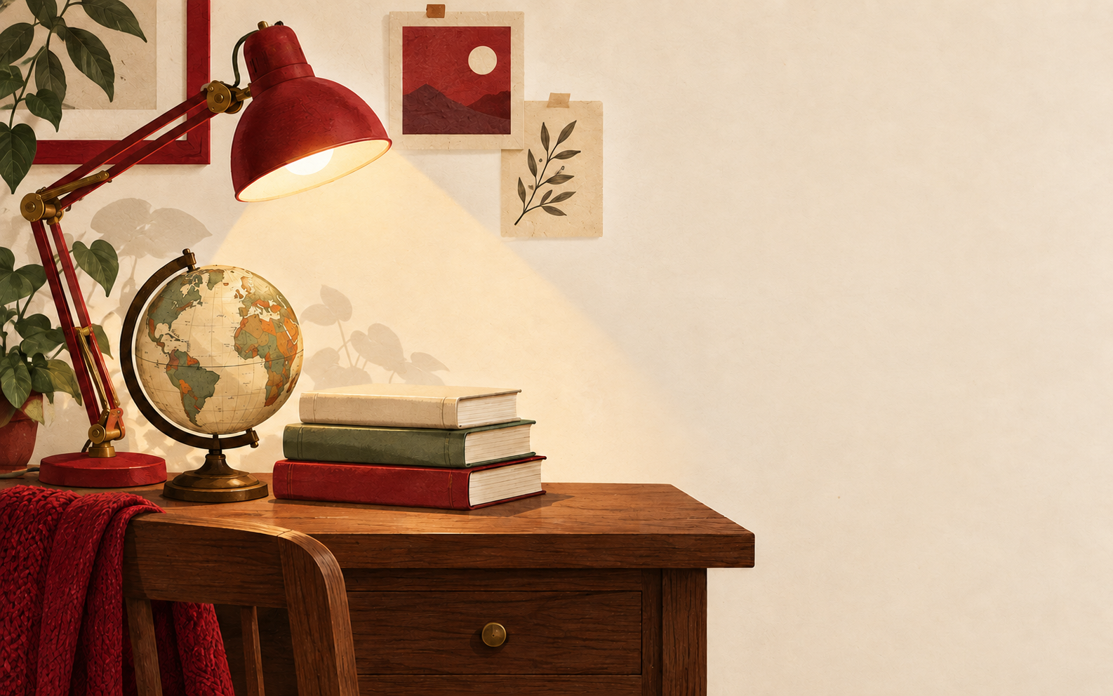 A study desk with a lamp, globe and books