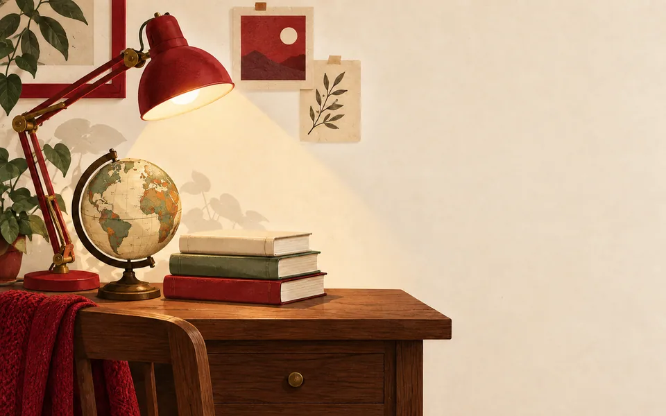 A study desk with a lamp, globe and books